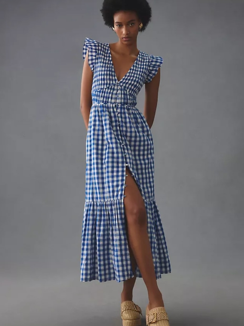 Anthropologie Blue and White Gingham Peregrine Maxi Dress 1X